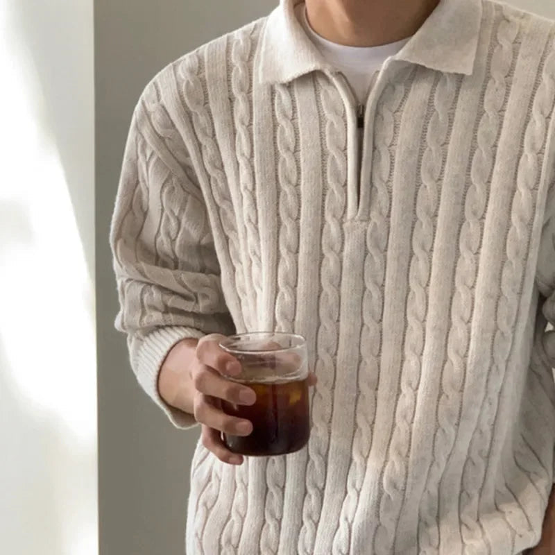Polo-Pullover | Mit Kragen | Halber Reißverschluss | Zopfmuster-Pullover | Herren-Pullover mit Viertelreißverschluss-Chaps Herrenmode