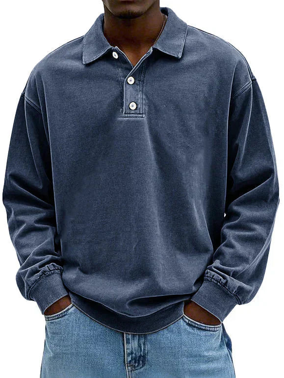 Polo Sweatshirt - Herren Pullover mit Knopfleiste und Kragen-Dunkelblau-S-Chaps Herrenmode