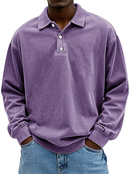Polo Sweatshirt - Herren Pullover mit Knopfleiste und Kragen-Lila-S-Chaps Herrenmode