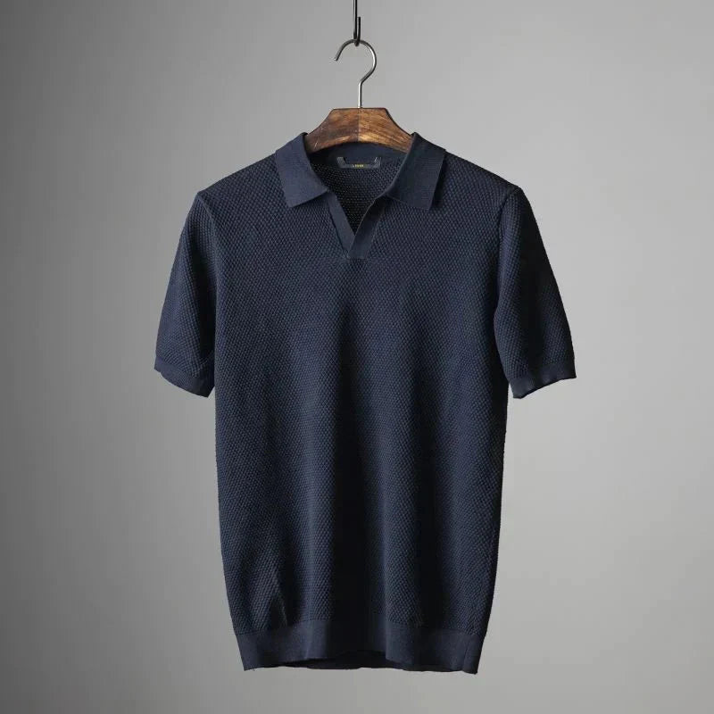 Polo-T-Shirt | V-Ausschnitt | Kurzarm | Polo ohne Knöpfe | Herrenhemden-Dunkelblau-S-Chaps Herrenmode