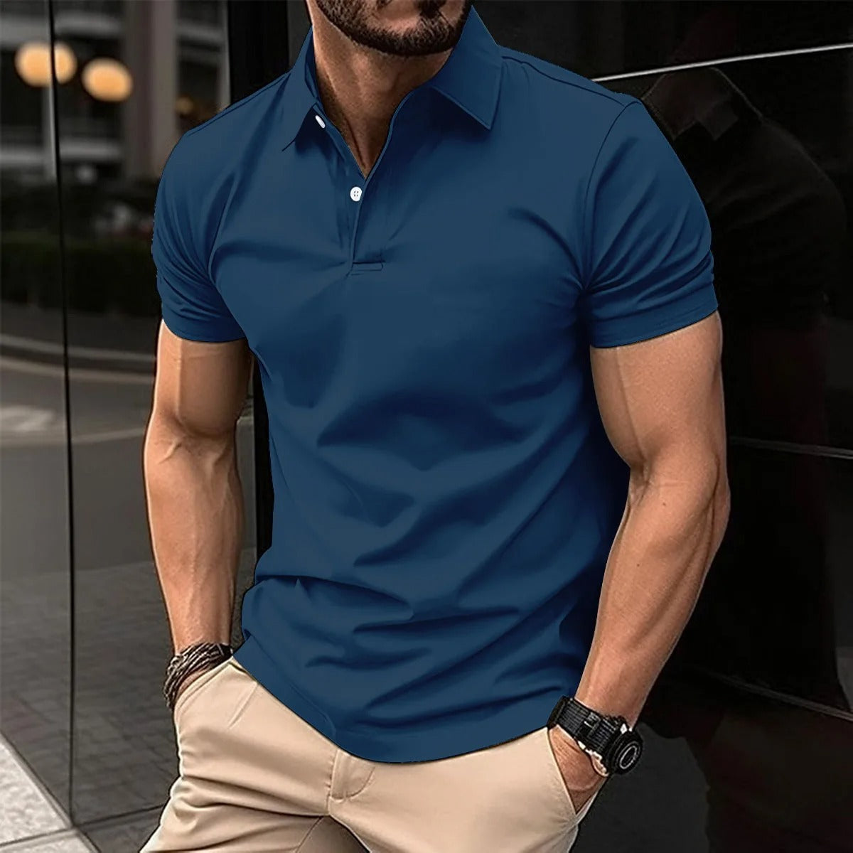 Polo-T-Shirt – halblanger Knopfleiste – Umlegekragen – Polo-Shirts – T-Shirts für Herren-Denimblauw-S-Chaps Herrenmode