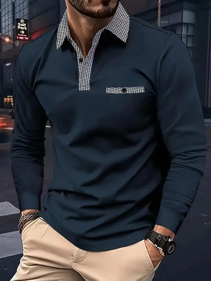 Polohemd - Halber Knopf - Umlegekragen - Langärmeliges Polohemd - Herrenhemden-Navy blau-XS-Chaps Herrenmode