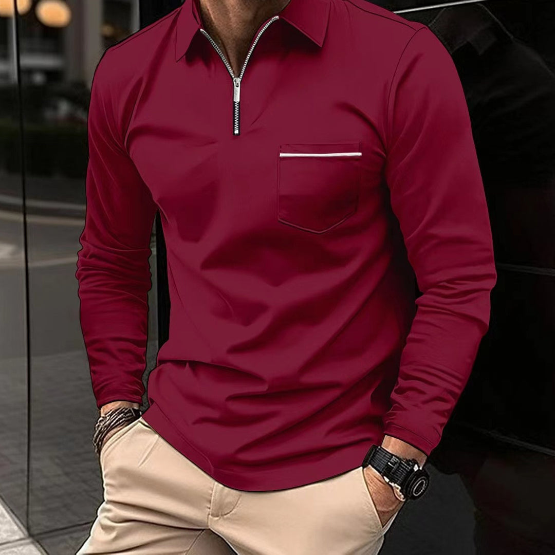 Polohemd – Herren-Polohemd mit Kragen, langen Ärmeln und Viertelreißverschluss-Rot-S-Chaps Herrenmode