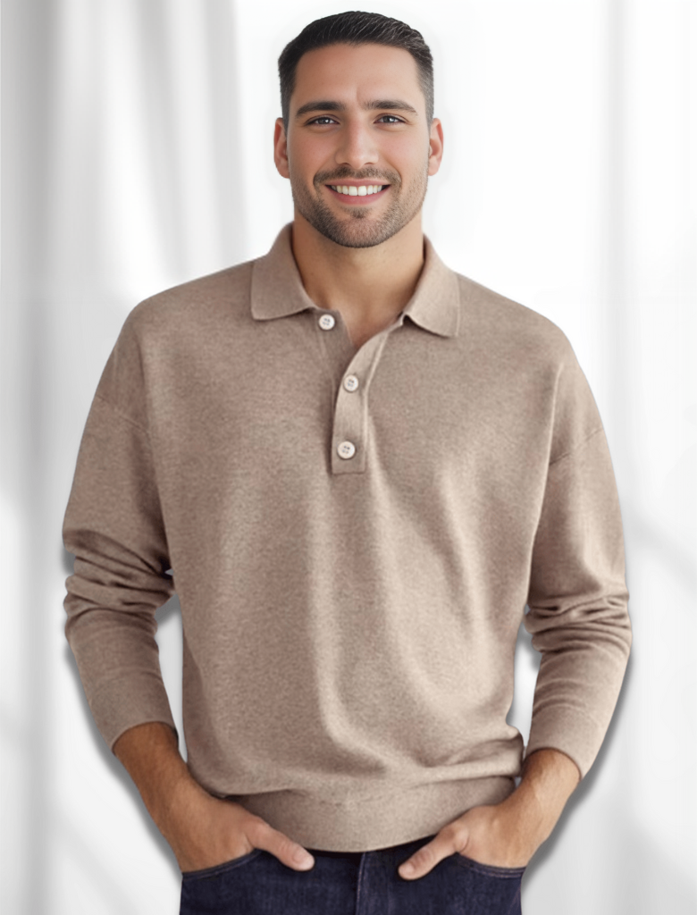 Herren Polohemd Langarm Baumwolle Blau - Eveloria