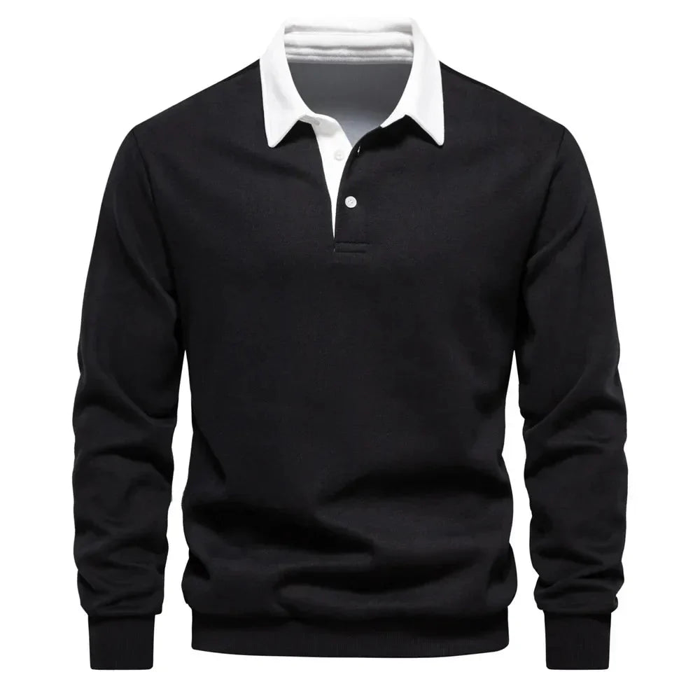Polopullover - Langarm - Quarter Button-Up - Polopullover - Polohemden für Männer-Schwarz-S-Chaps Herrenmode