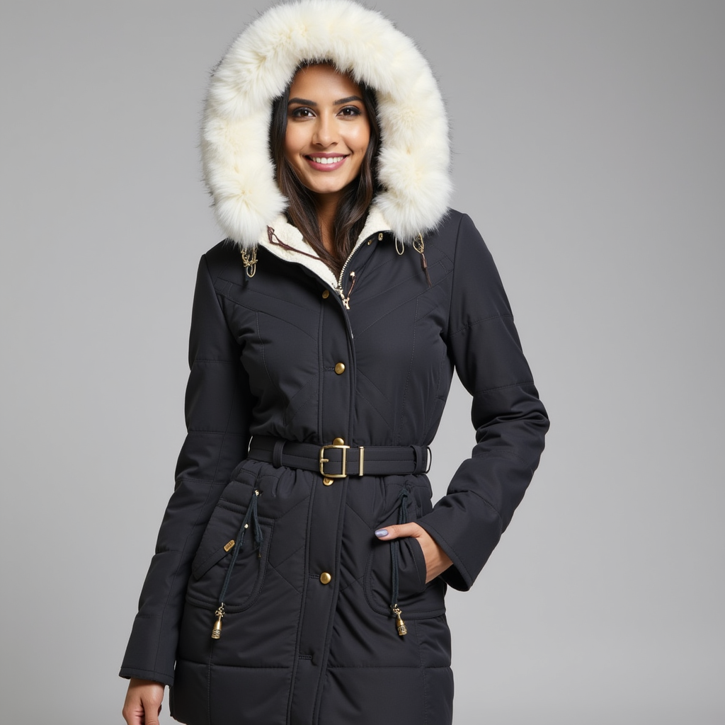 Damen Winterparka Gefüttert Kunstpelzkapuze Schwarz - Eveloria
