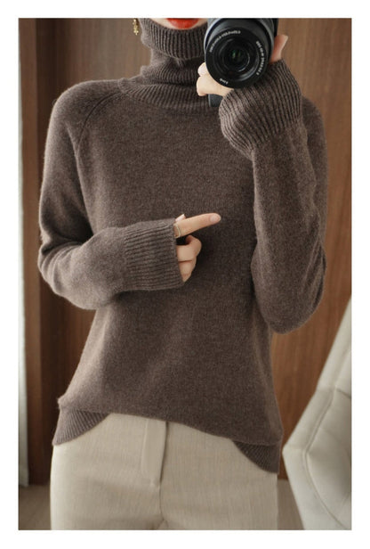 Damen Rollkragenpullover Feinstrick Einfarbig Beige - Eveloria