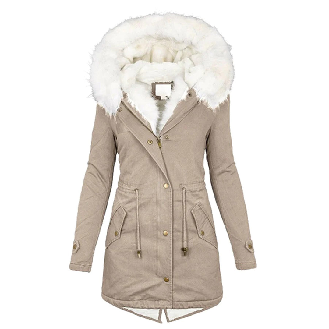 Damen Winterparka Lang mit Kapuze Fellkragen Schwarz - Eveloria