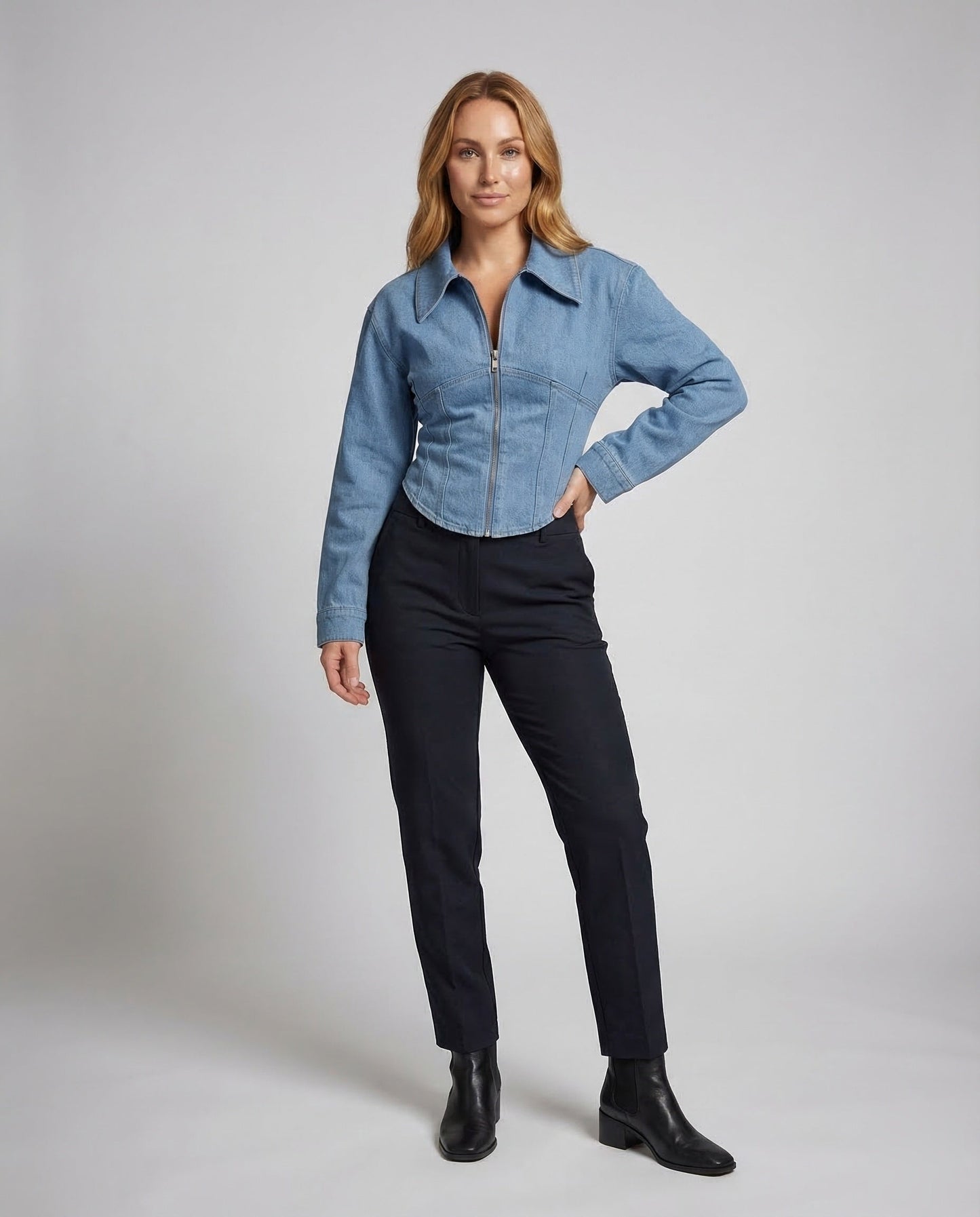 Damen Taillenjeansjacke Reißverschluss Schwarz - Eveloria
