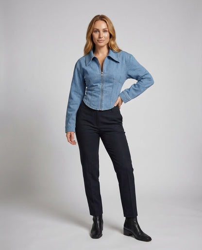 Damen Taillenjeansjacke Reißverschluss Schwarz - Eveloria