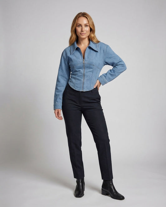 Damen Taillenjeansjacke Reißverschluss Schwarz - Eveloria