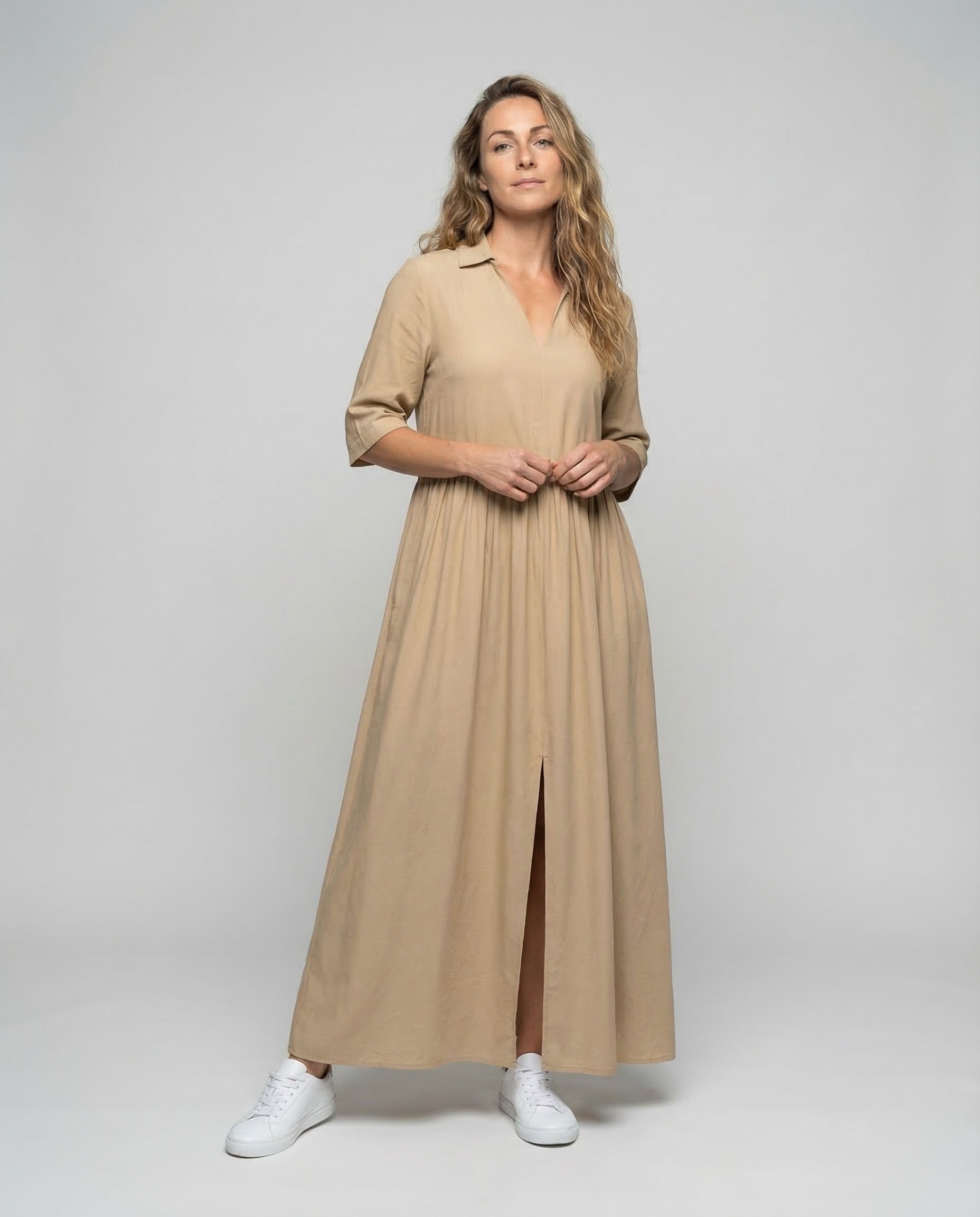 Damen Maxikleid Hemdblusenkleid Baumwolle - Eveloria