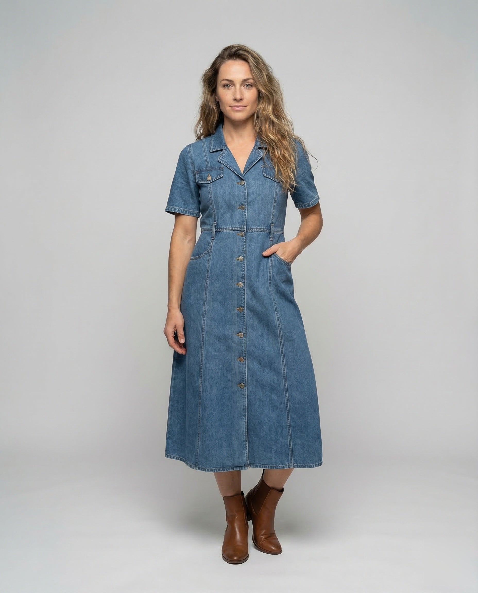 Damen Denim Midikleid Blau - Eveloria