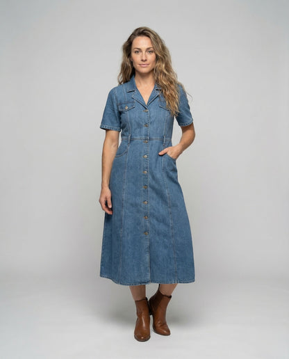 Damen Denim Midikleid Blau - Eveloria