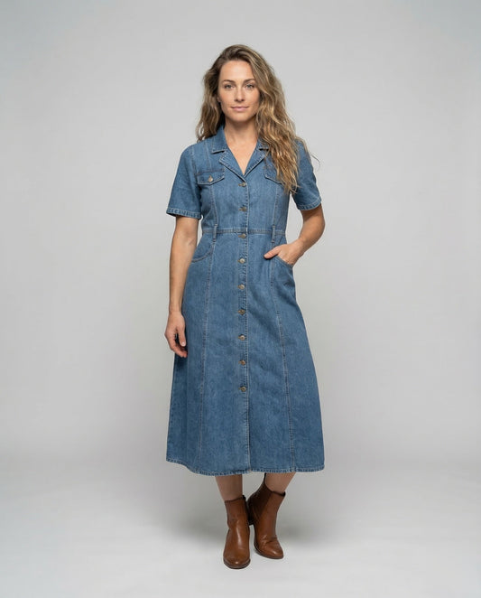 Damen Denim Midikleid Blau - Eveloria