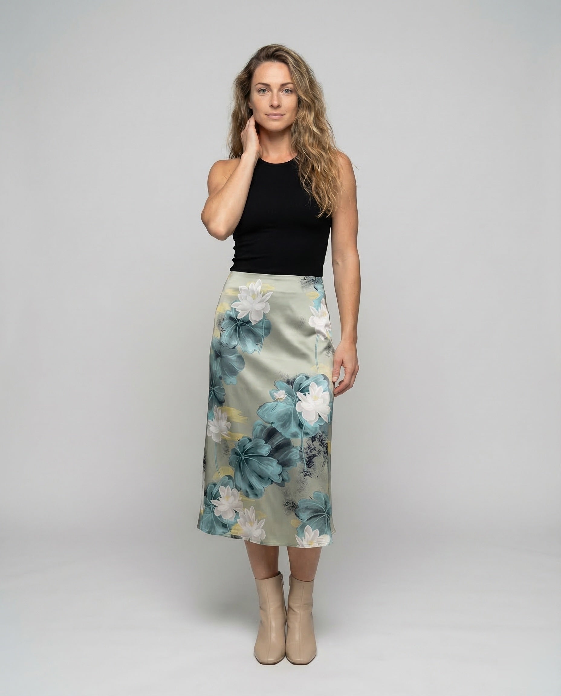 Damen Midirock Satin Blumenmuster - Eveloria