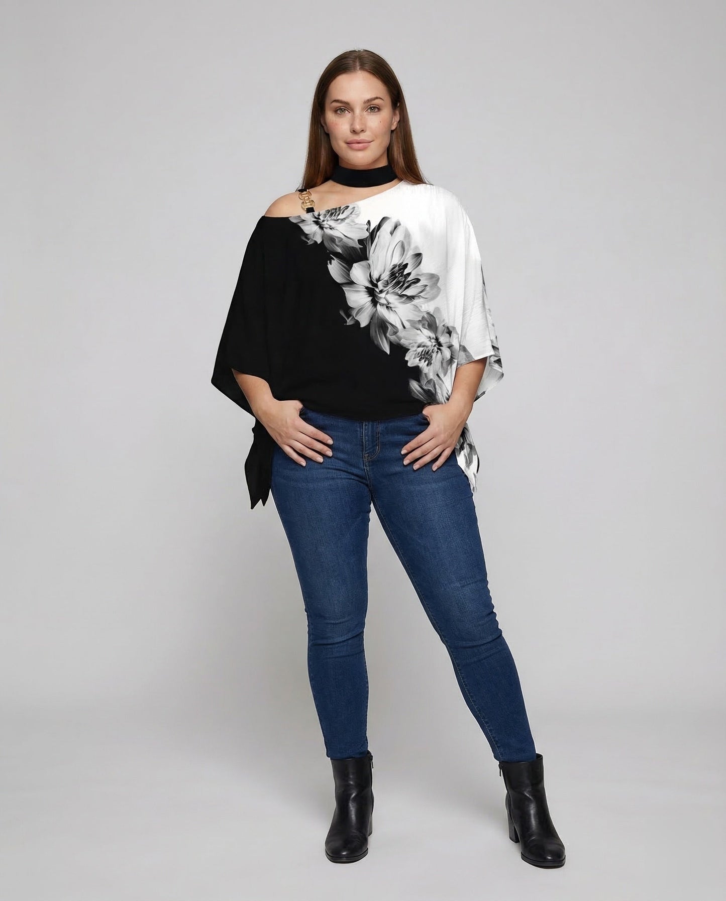 Damen Asymmetrische Bluse Poncho Stil Einschulter Schwarz - Eveloria