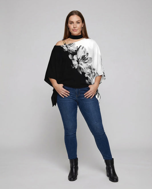 Damen Asymmetrische Bluse Poncho Stil Einschulter Schwarz - Eveloria