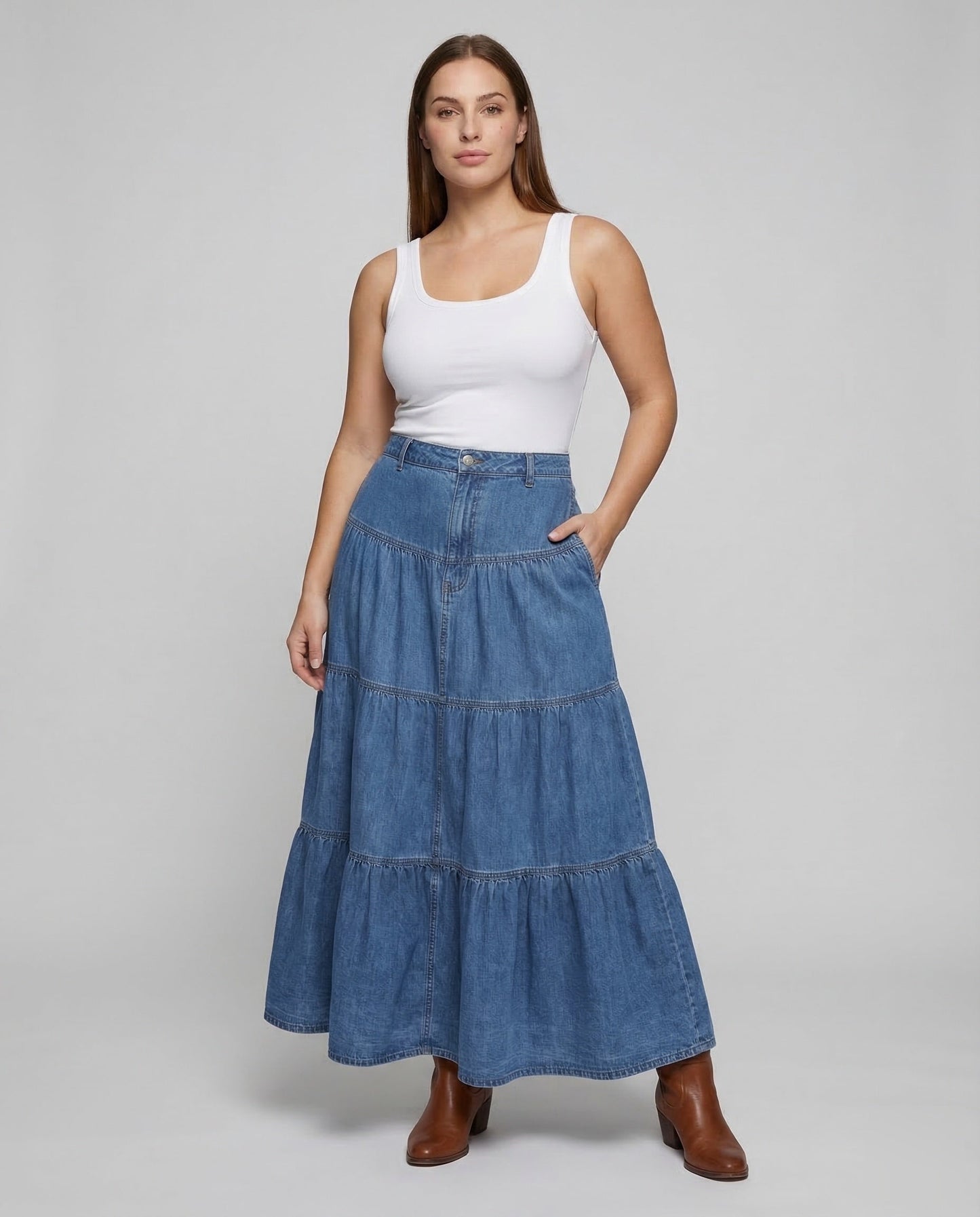 Damen Maxikleid Denim Leicht Blau - Eveloria