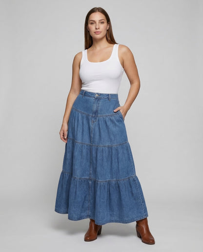 Damen Maxikleid Denim Leicht Blau - Eveloria