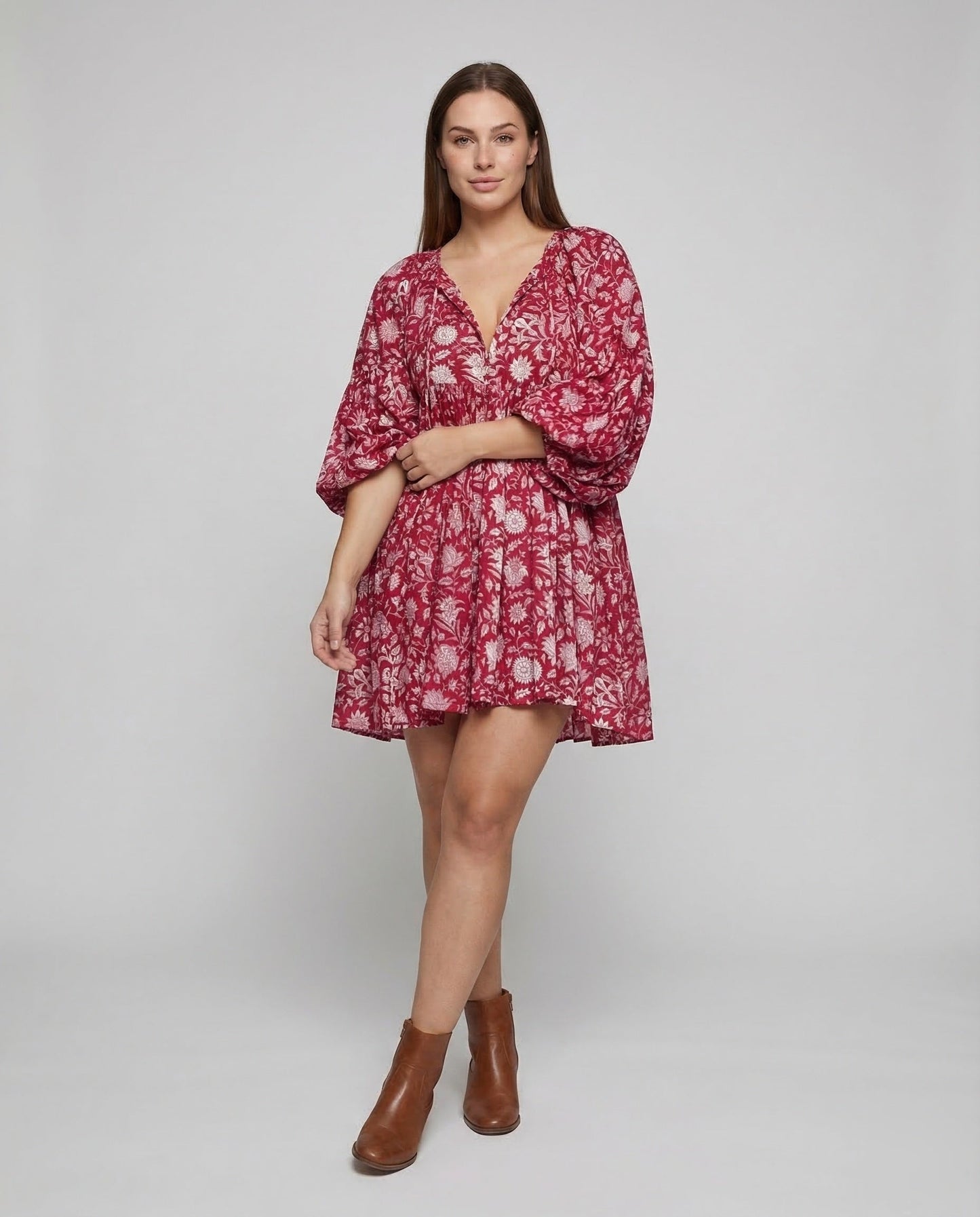 Damen Babydoll Kleid V-Ausschnitt Puffärmel - Eveloria