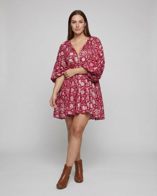 Damen Babydoll Kleid V-Ausschnitt Puffärmel - Eveloria