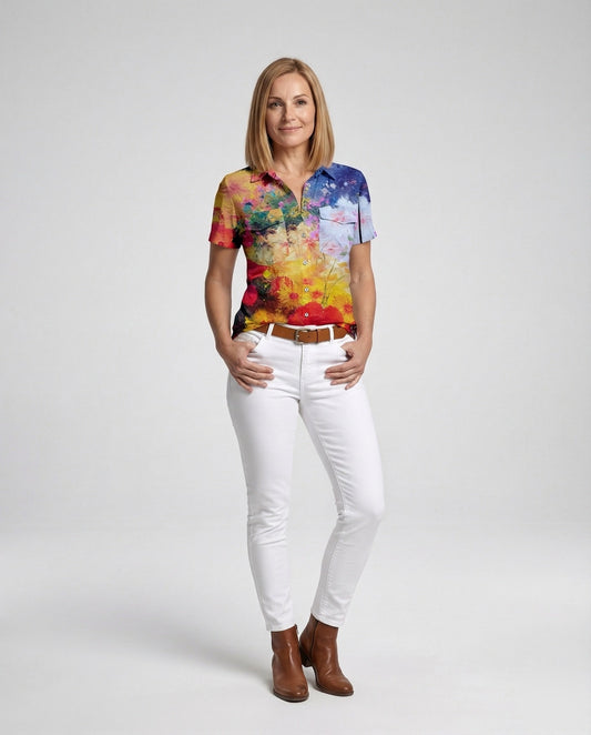 Damen Kurzarm Hemdbluse Aquarell Muster - Eveloria