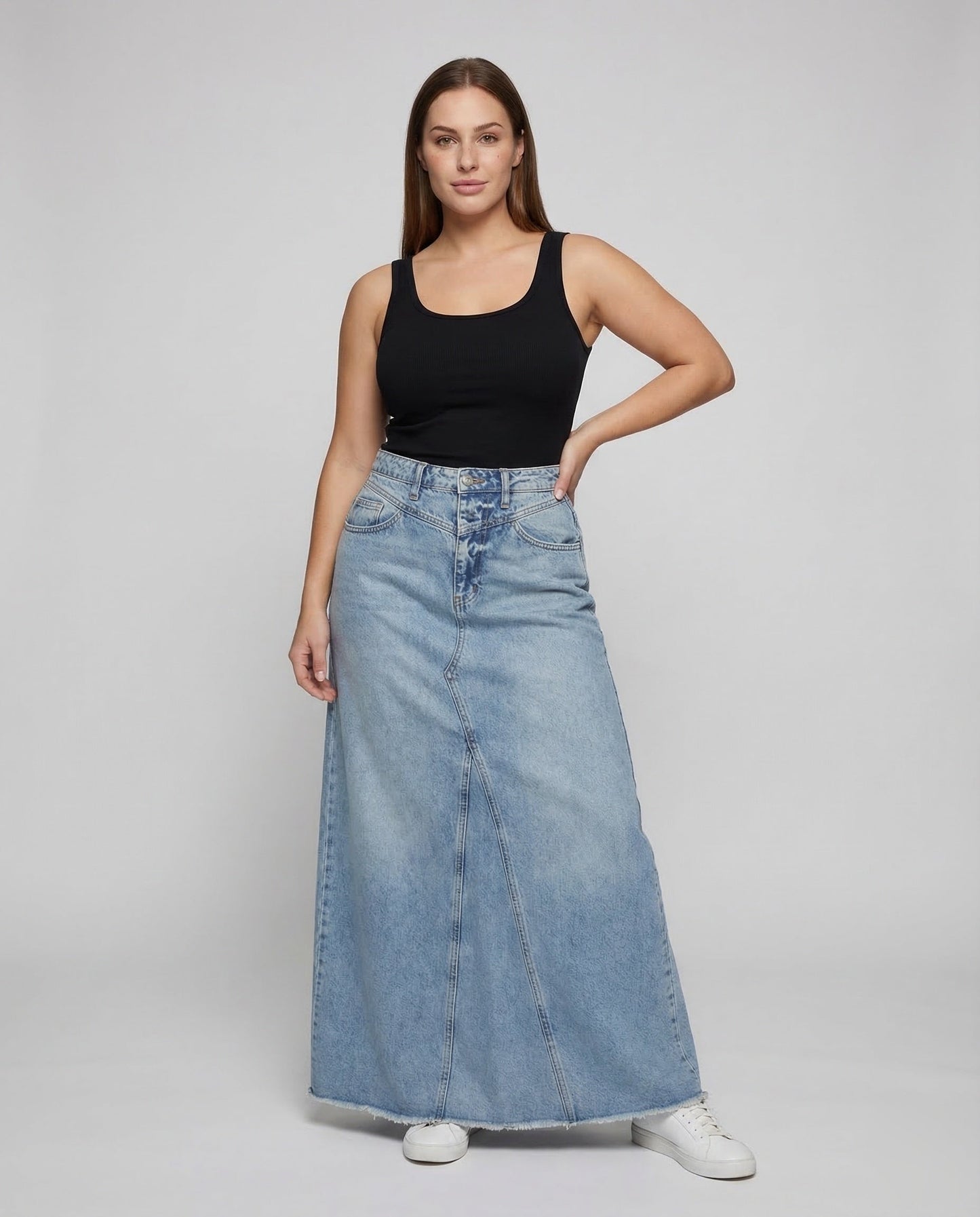 Damen A-Linie Jeansrock Hochbund Lang - Eveloria