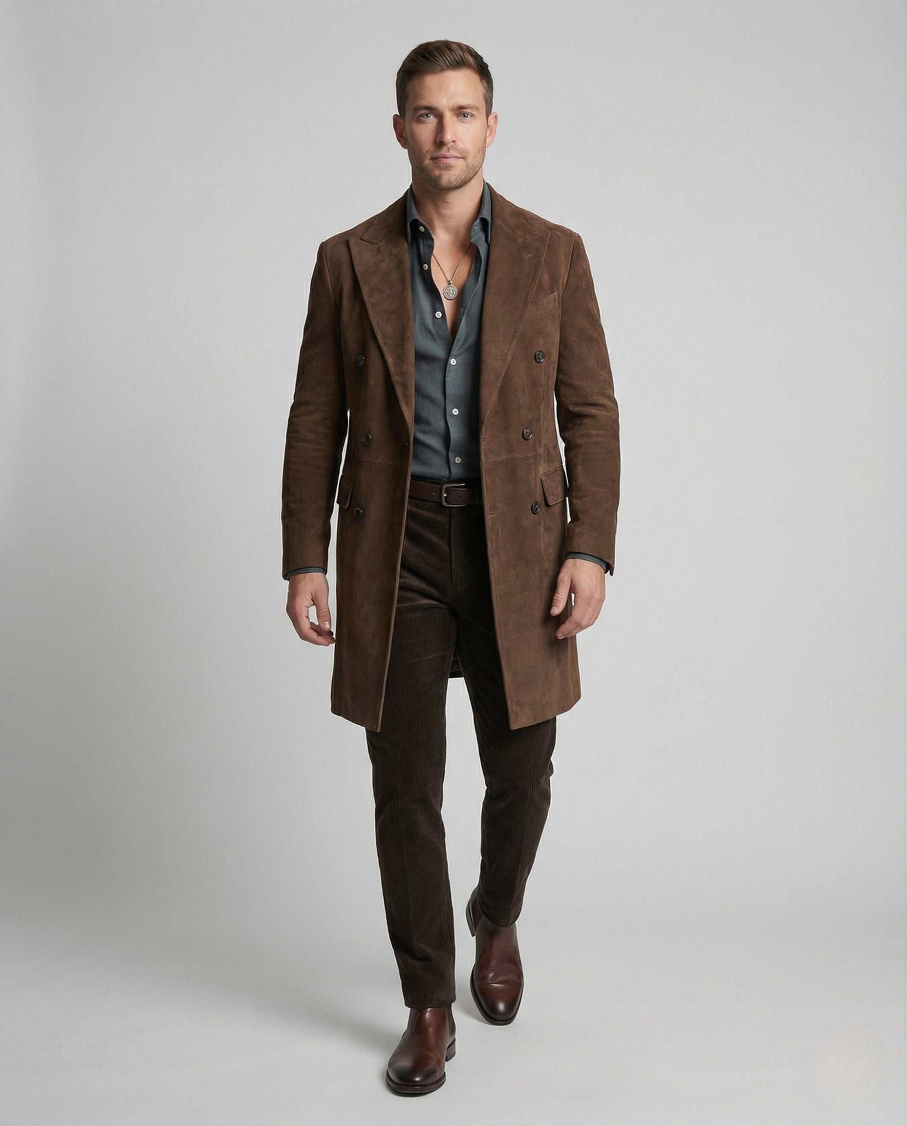 Herren Veloursledermantel Tailliert - Eveloria