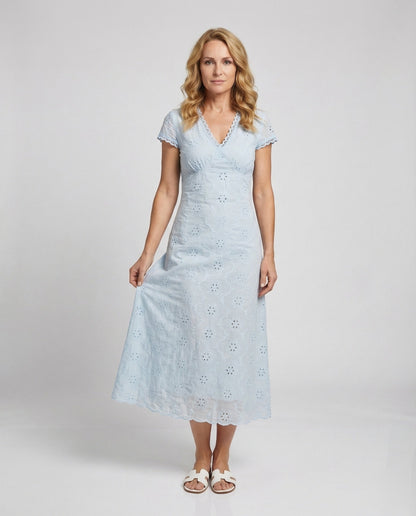 Damen Maxikleid Bestickt V-Ausschnitt Lochmuster Schwarz - Eveloria