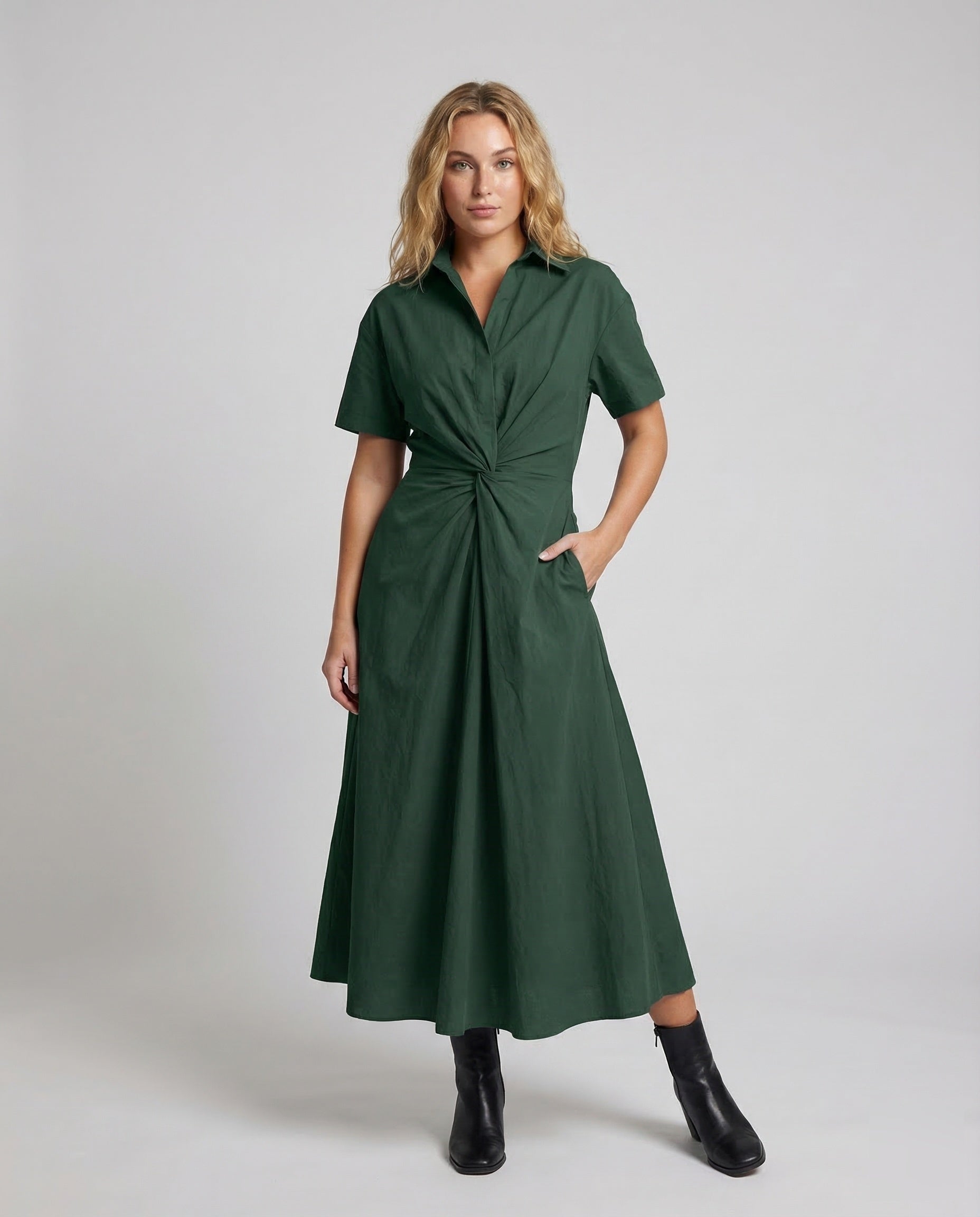 Damen Ärmelloses Midikleid A-Linie mit Reverskragen Tupfenmuster - Eveloria