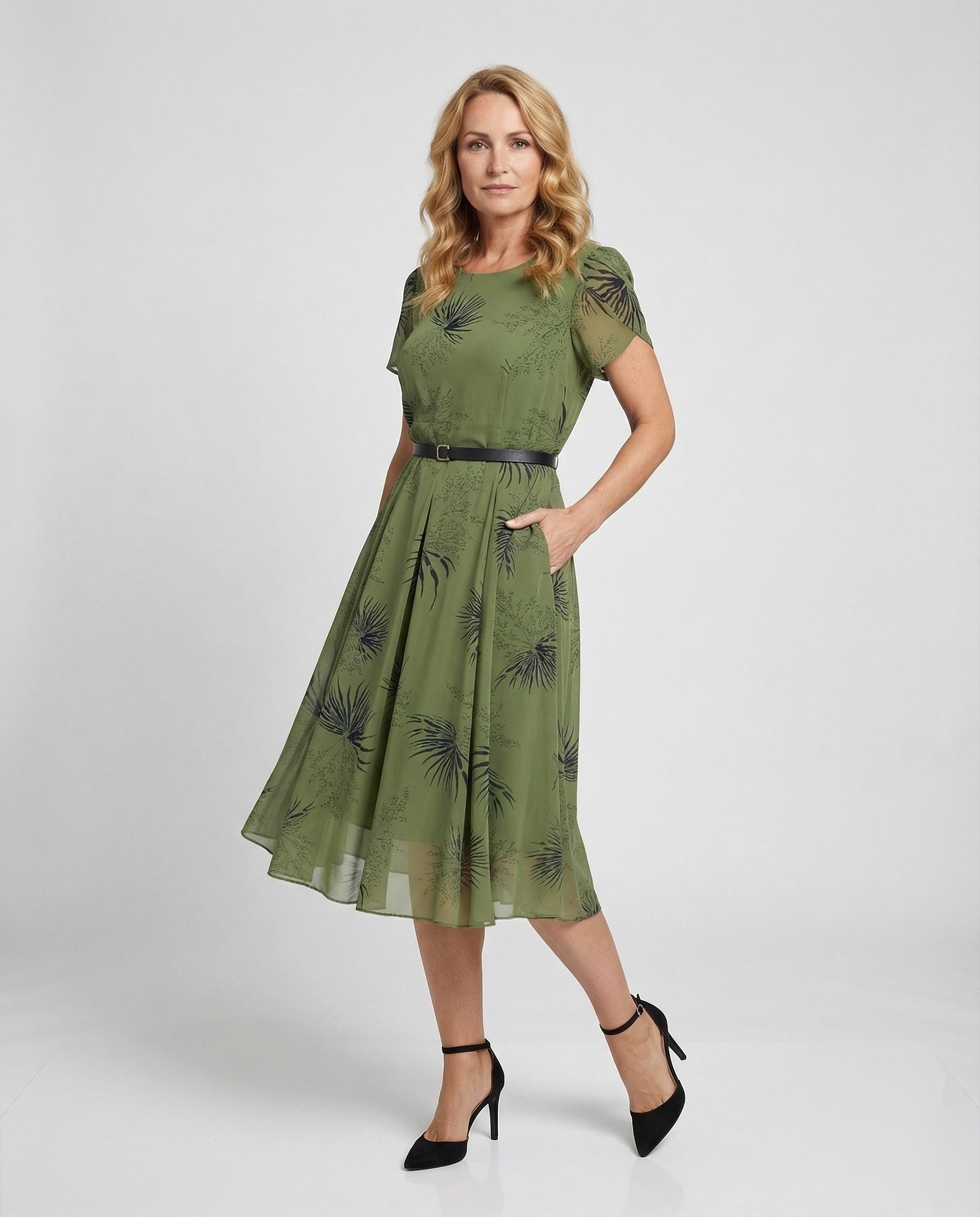 Damen Midikleid Chiffon mit Taillengürtel Palmenmuster - Eveloria