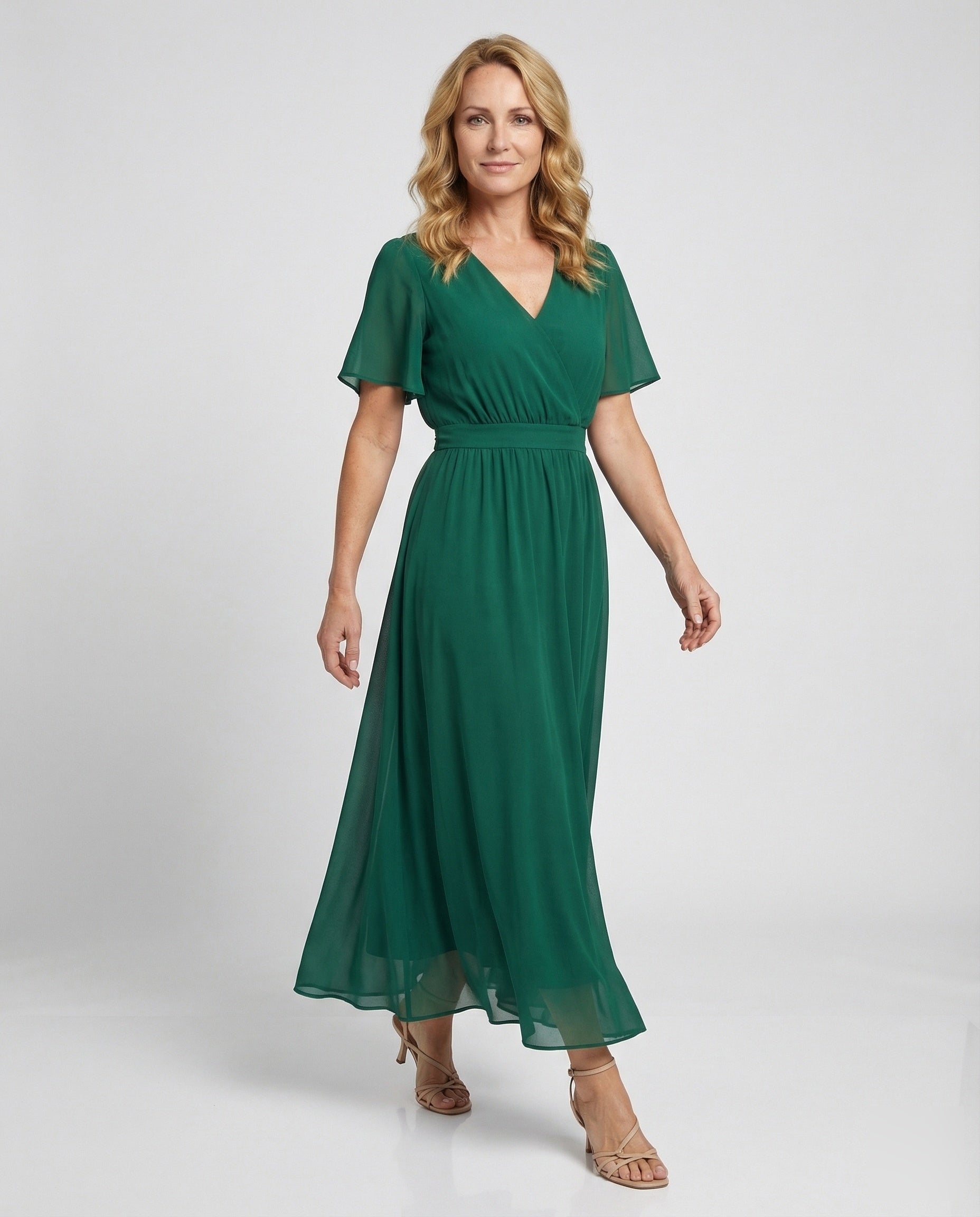 Damen Maxikleid Wickeloptik Chiffon Flügelärmel - Eveloria