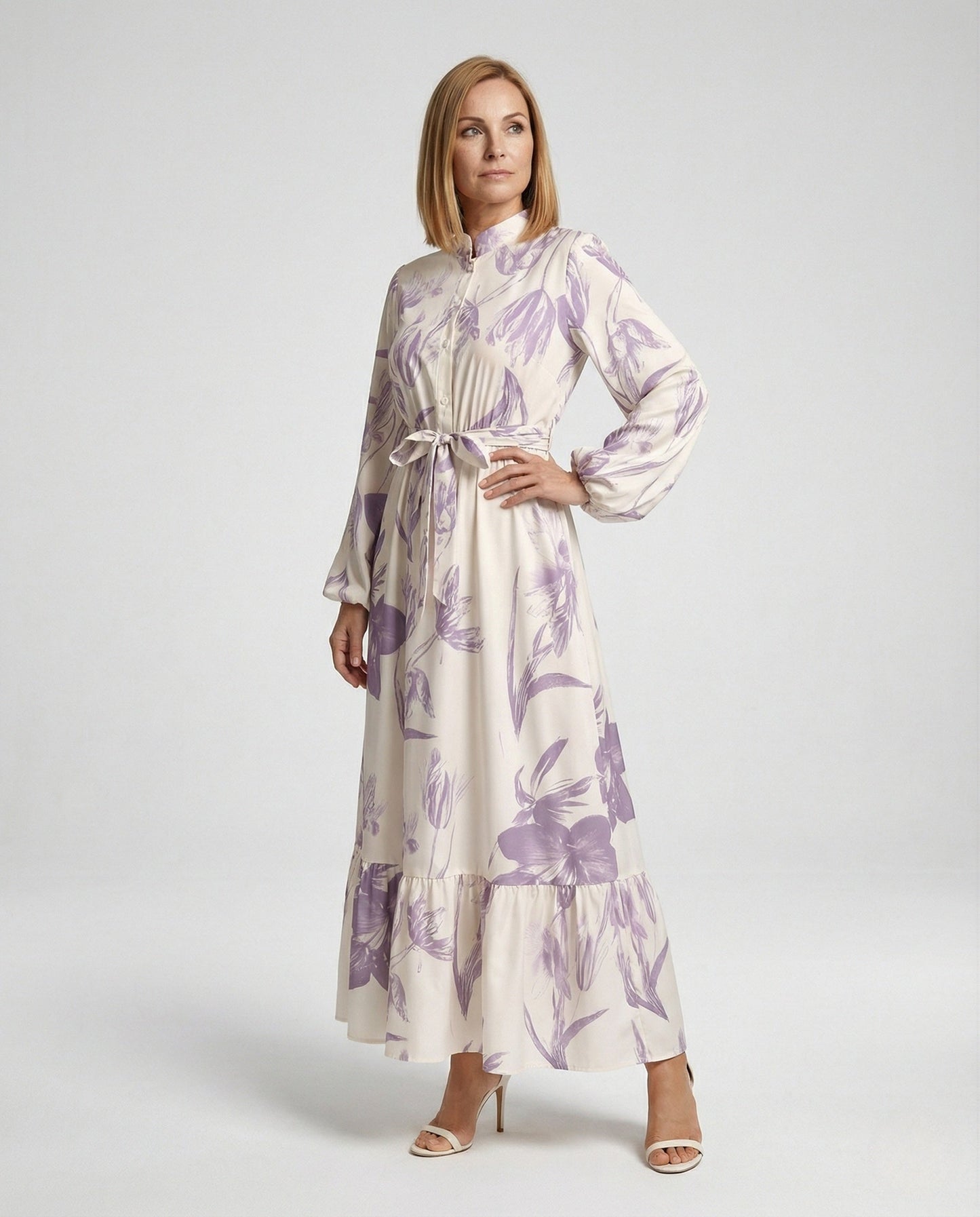 Damen Maxikleid Stehkragen Ballonärmel - Eveloria