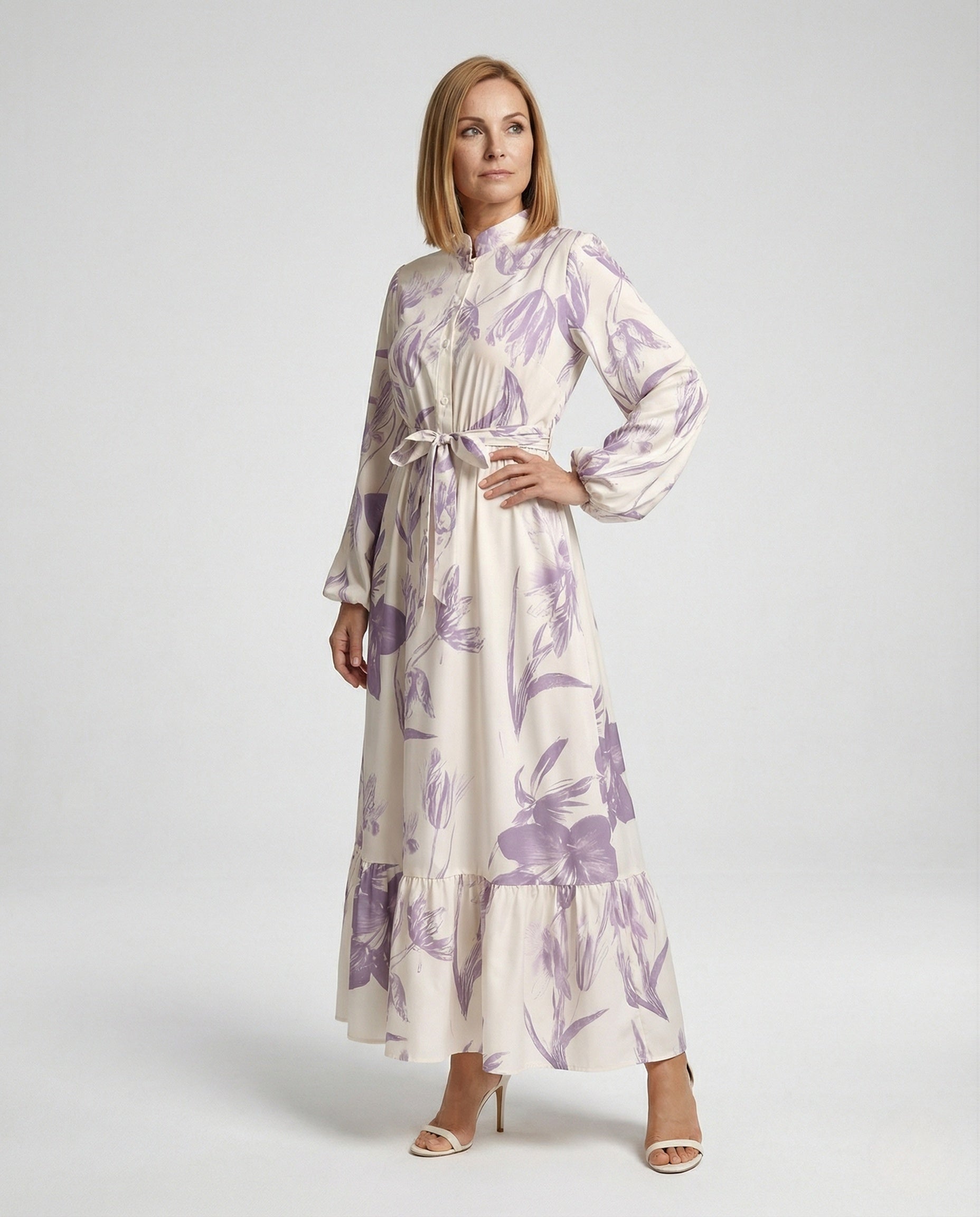 Damen Maxikleid Stehkragen Ballonärmel - Eveloria