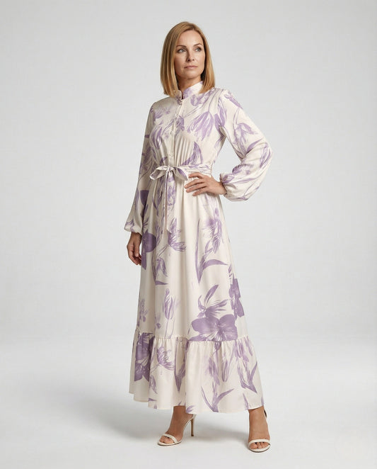 Damen Maxikleid Stehkragen Ballonärmel - Eveloria