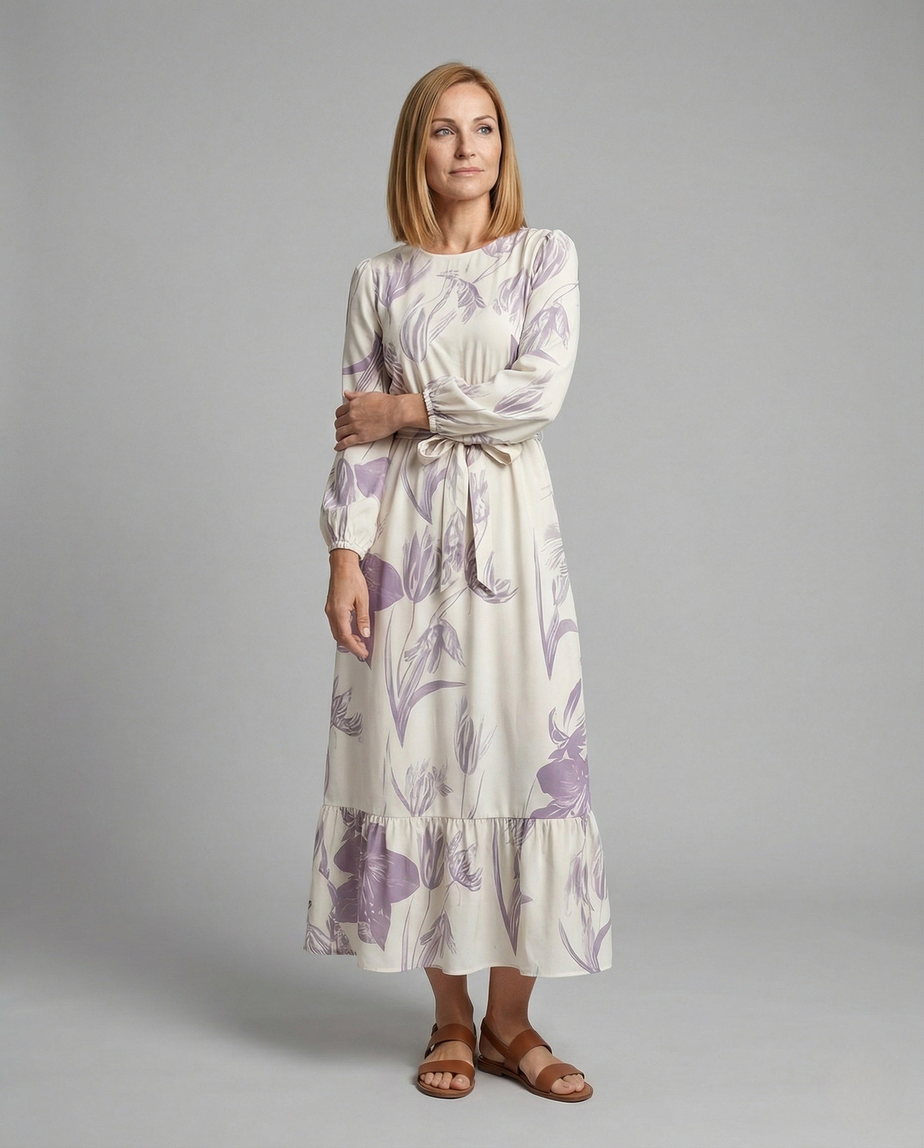 Damen Maxikleid Ballonärmel Volantsaum - Eveloria