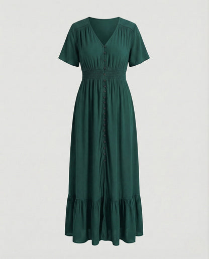 Damen Maxikleid Knopfleiste Stufenvolant