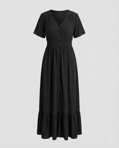 Damen Maxikleid Knopfleiste Stufenvolant