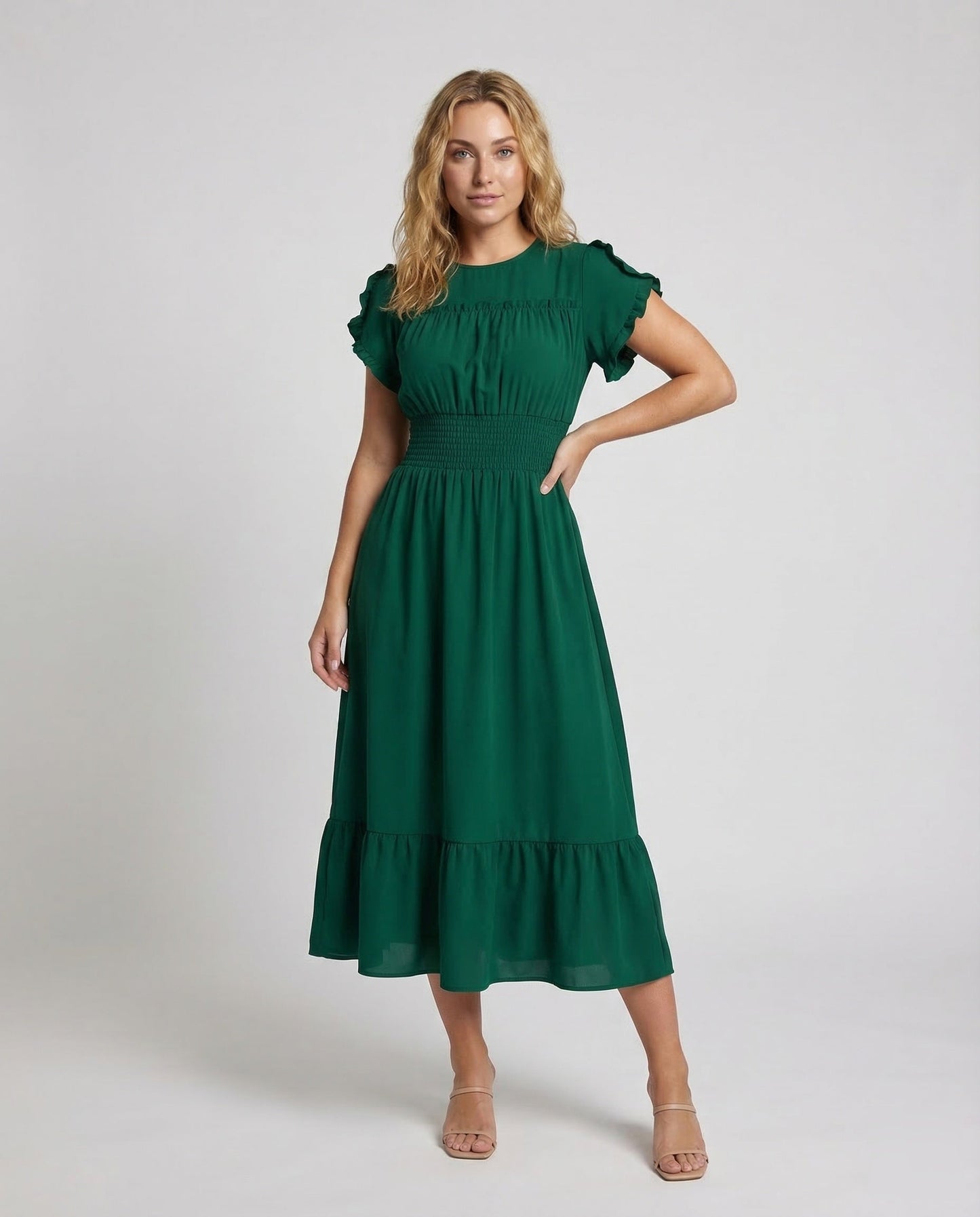 Damen Maxikleid Smock-Bund Volantstufe - Eveloria