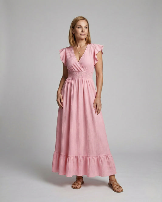 Damen Maxikleid V-Ausschnitt Volantärmel - Eveloria