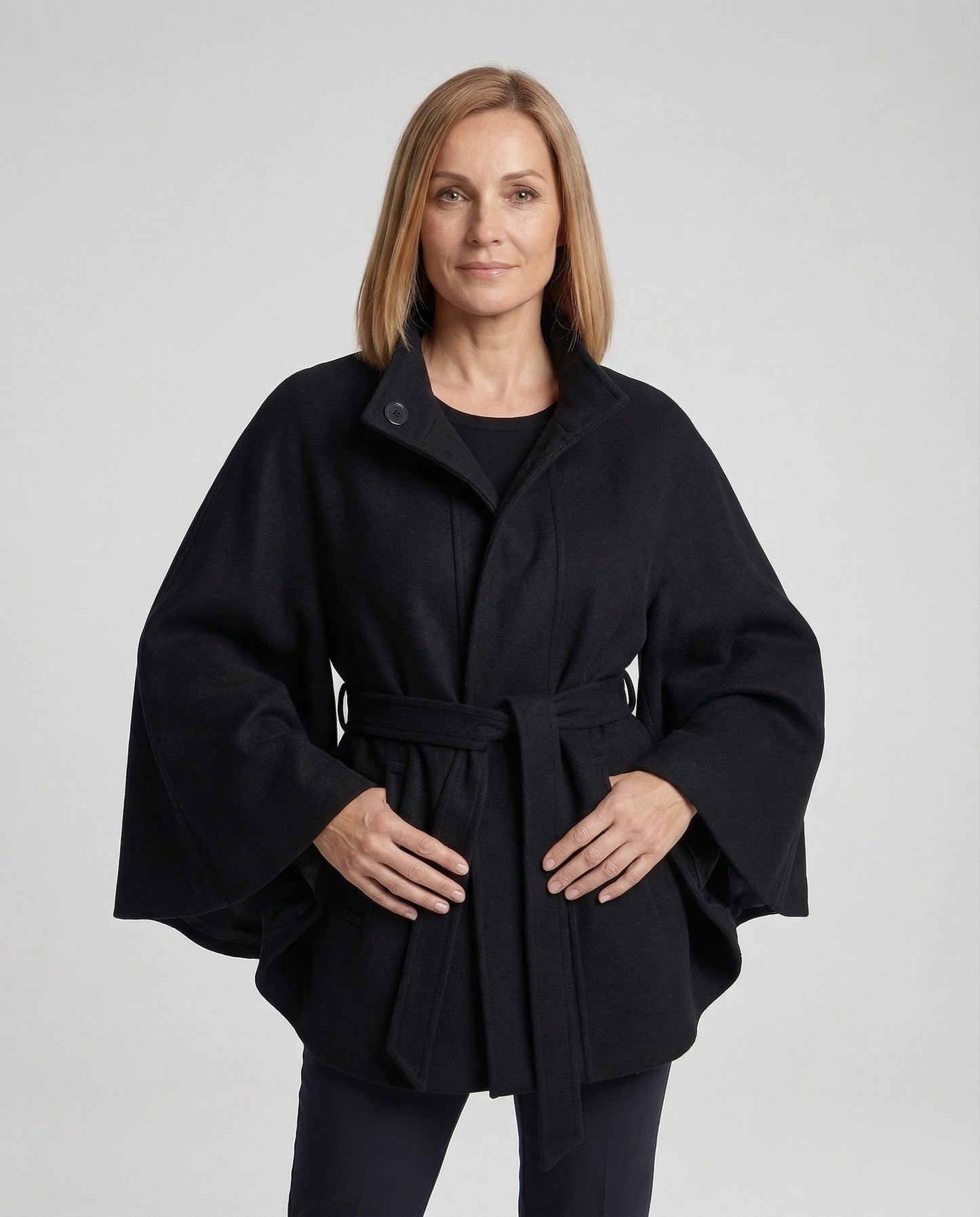 Damen Wollcape Mantel mit Taillengürtel - Eveloria