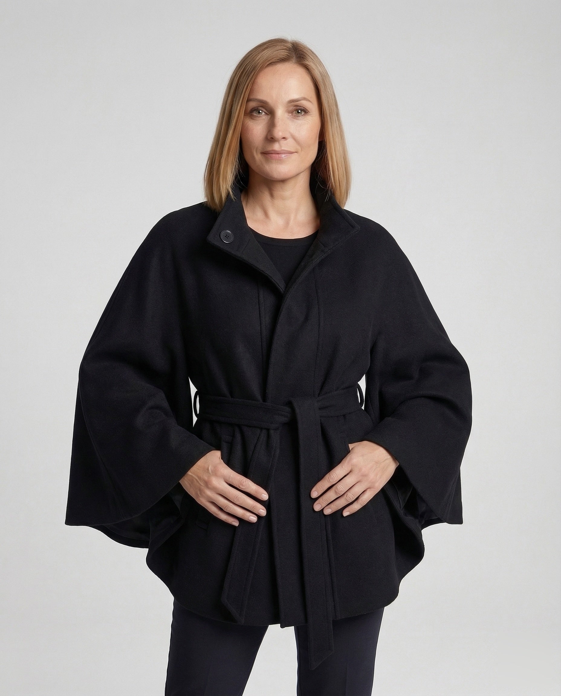 Damen Wollcape Mantel mit Taillengürtel - Eveloria