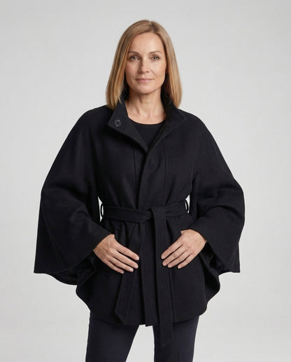 Damen Wollcape Mantel mit Taillengürtel - Eveloria