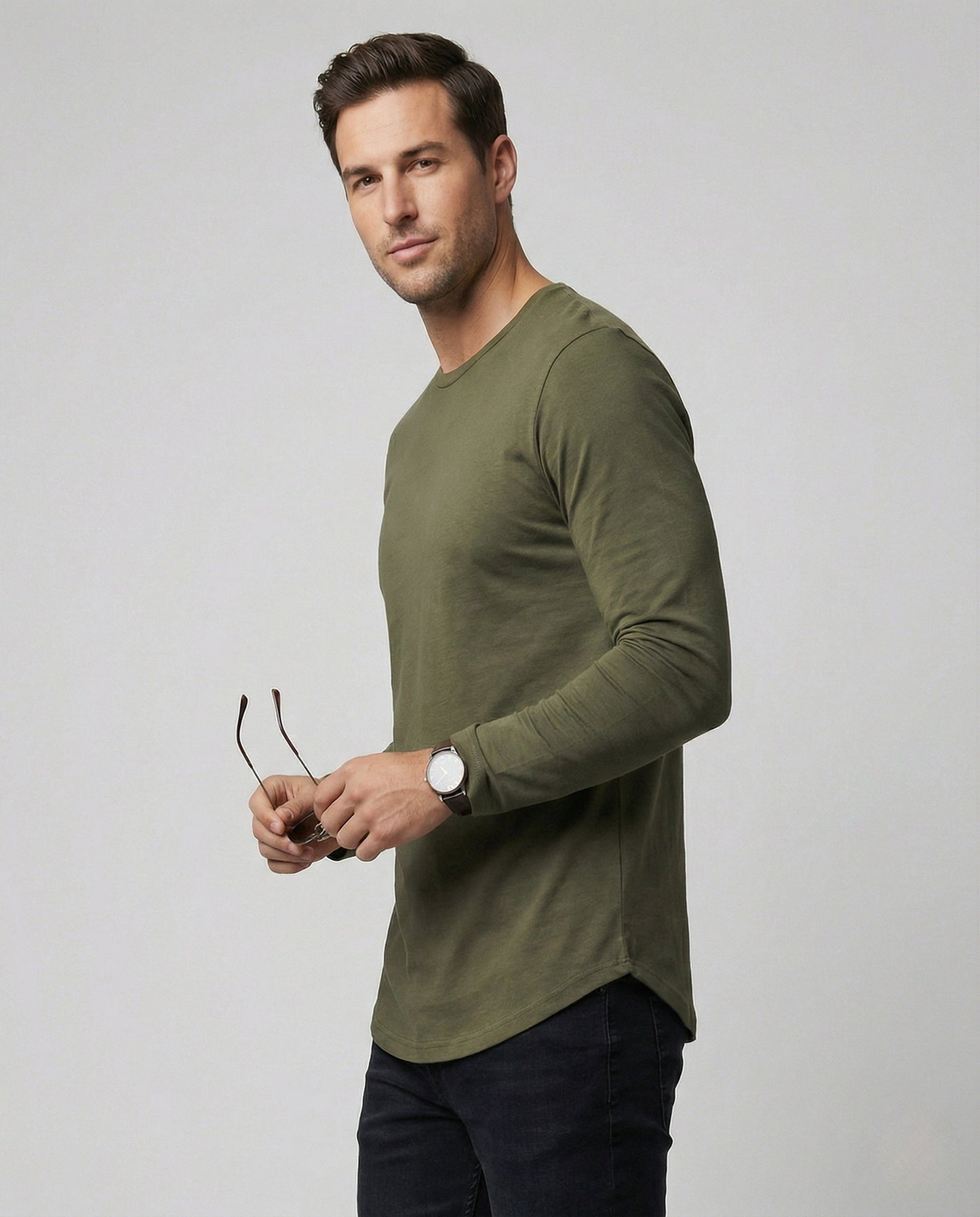 Herren Langarmshirt Rundhals Baumwolle Weiß - Eveloria