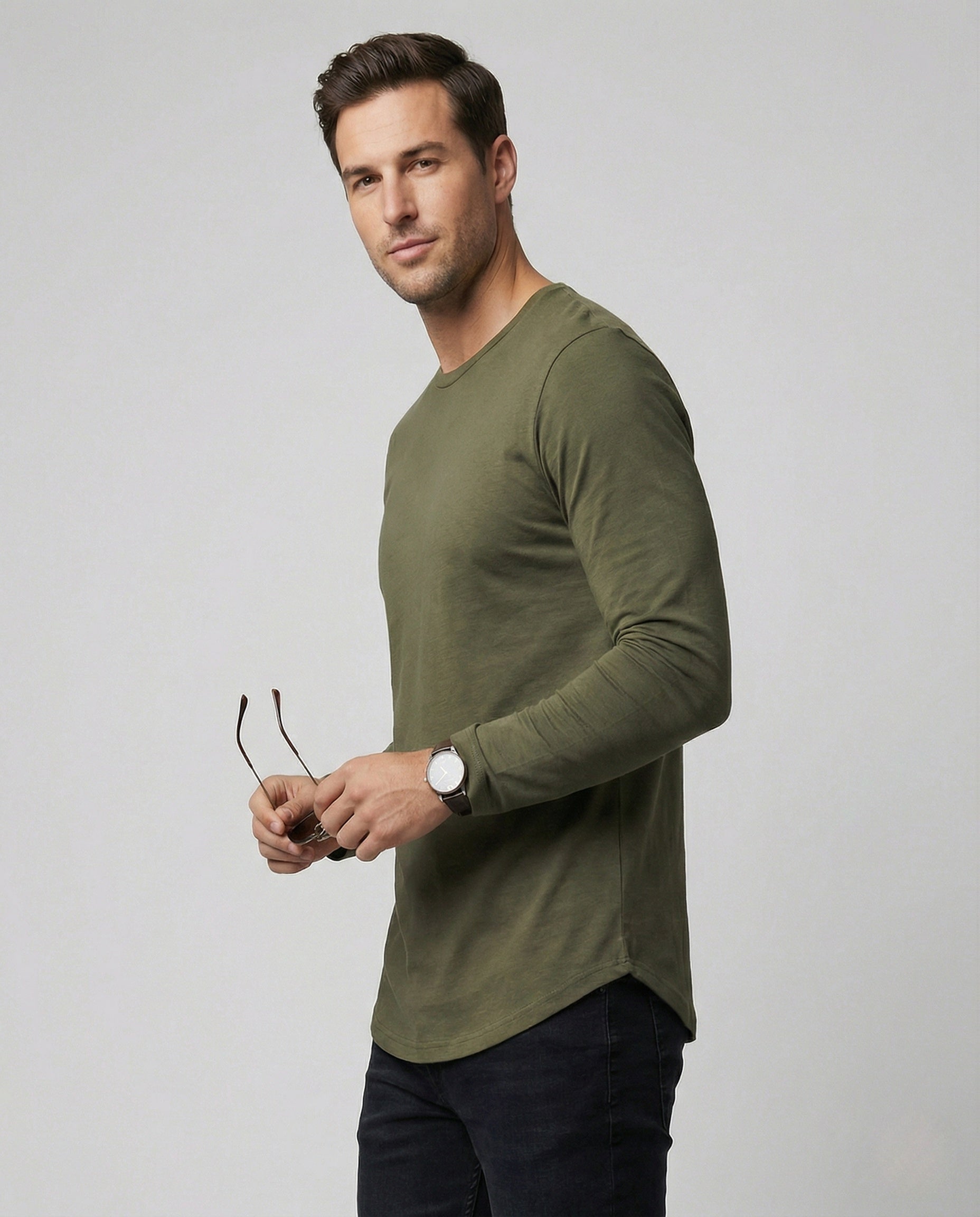 Herren Langarmshirt Rundhals Baumwolle Weiß - Eveloria