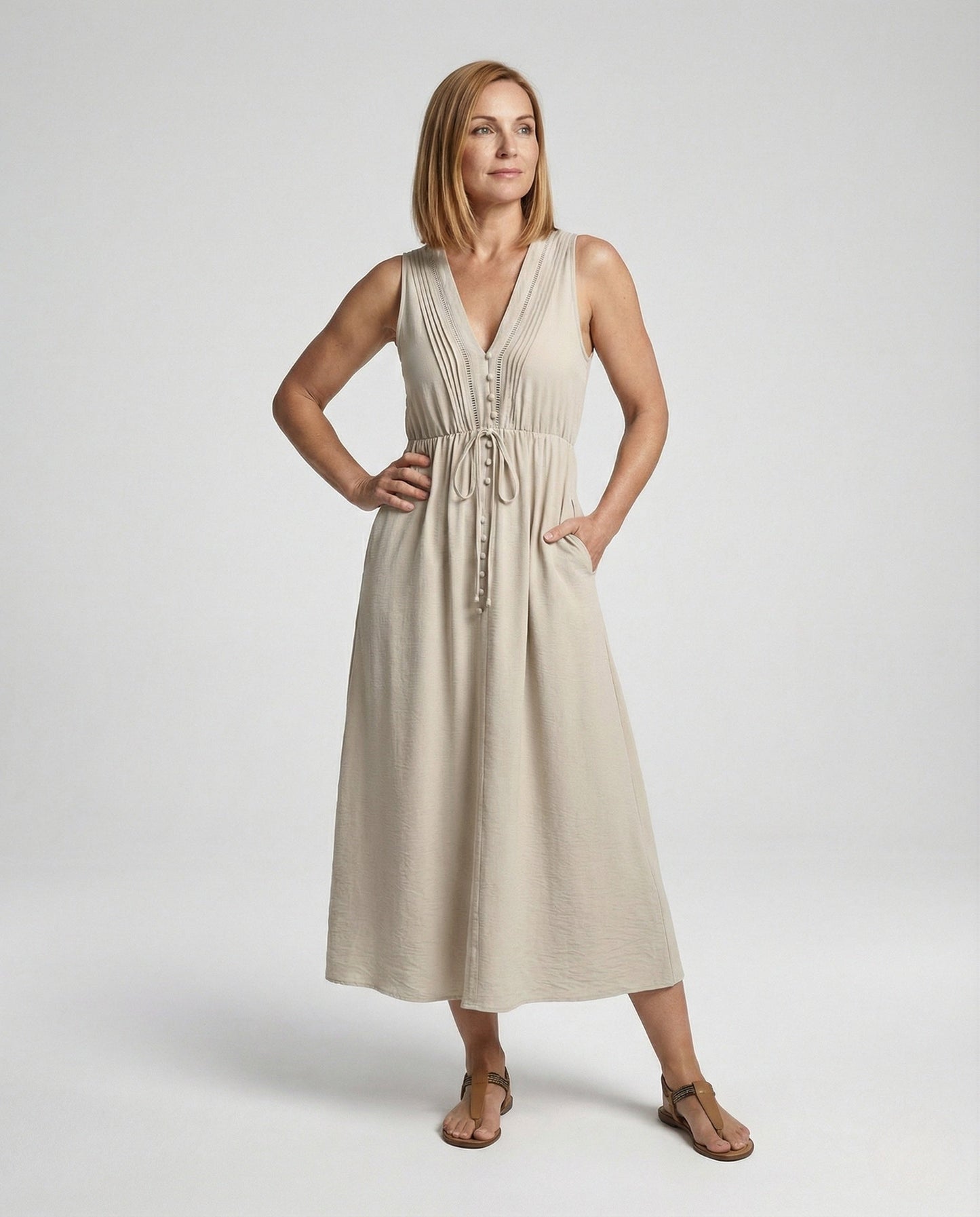 Damen Ärmelloses Maxikleid Bindeband Zierknöpfe - Eveloria