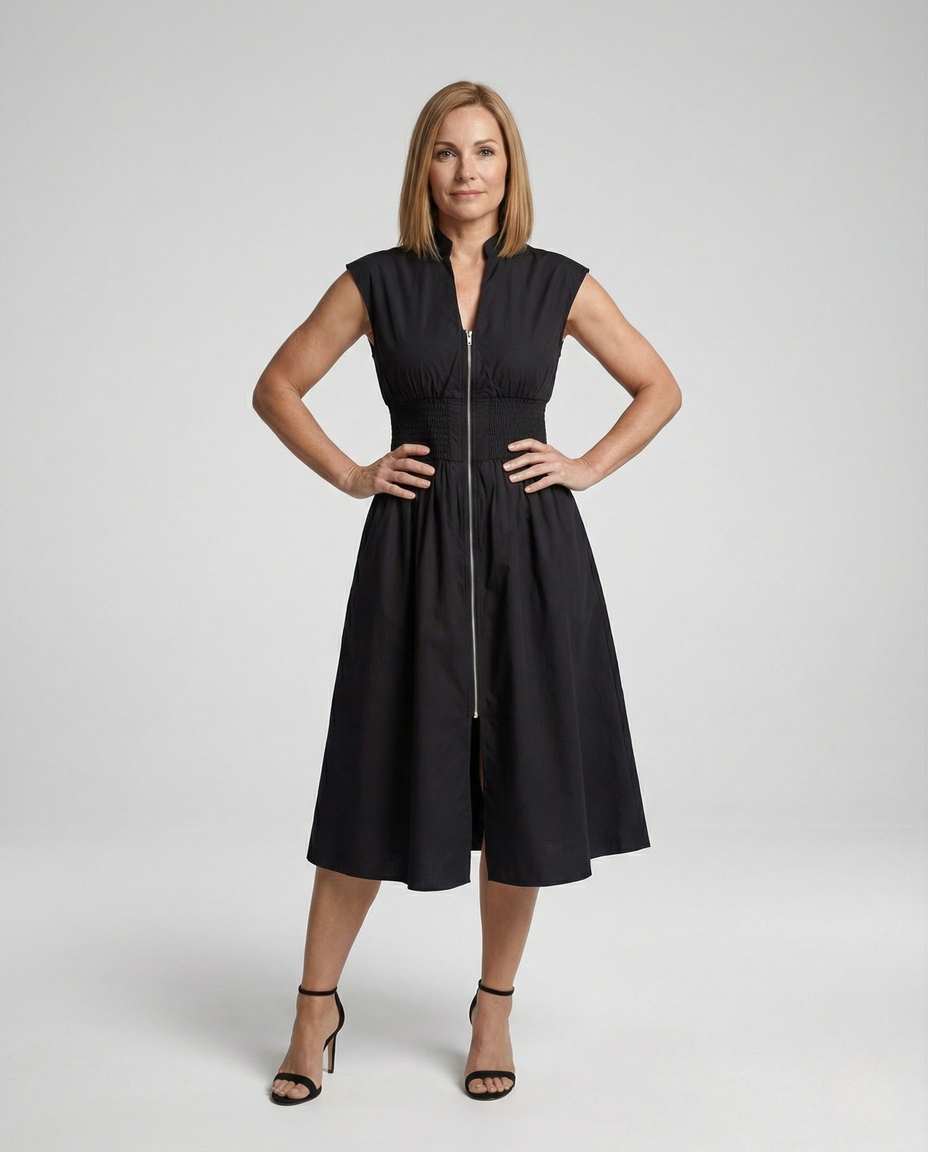 Damen Midikleid Frontreißverschluss Smok-Taillen Design - Eveloria