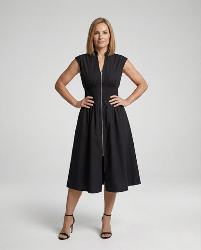 Damen Midikleid Frontreißverschluss Smok-Taillen Design - Eveloria
