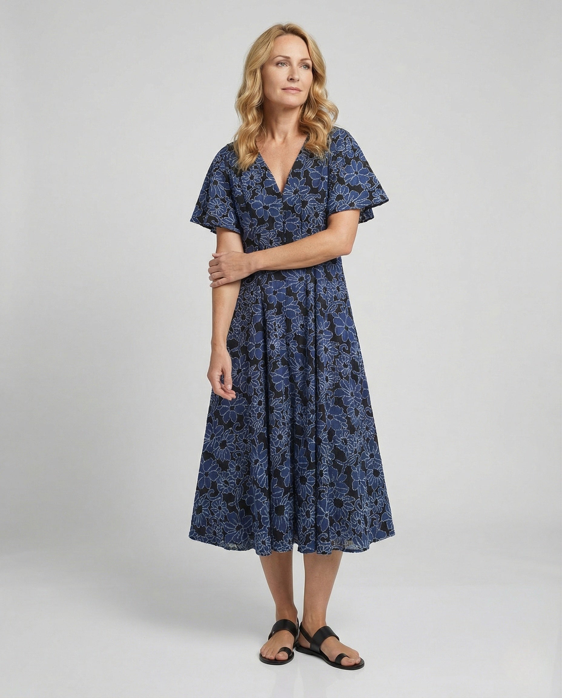 Damen Midikleid Bestickt V-Ausschnitt Fledermausärmel - Eveloria